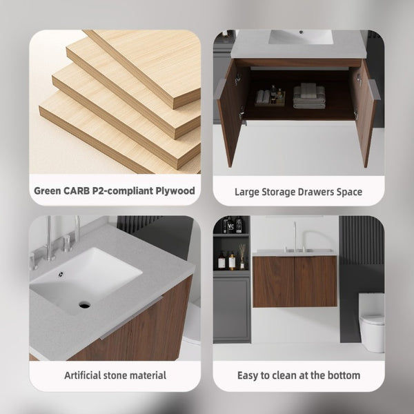 English Elm 30 Inch Floating Bathroom Vanity with Marble Top Undermount Sink and Soft Close Door Brown Granite White B2775S00131