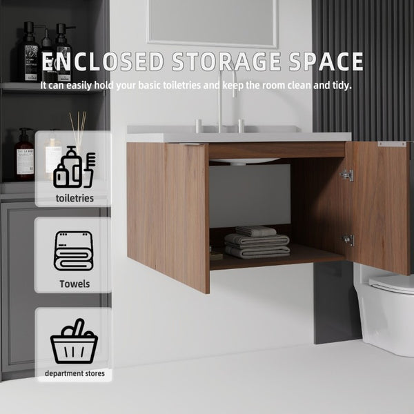 English Elm 30 Inch Floating Bathroom Vanity with Marble Top Undermount Sink and Soft Close Door Brown Granite White B2775S00131