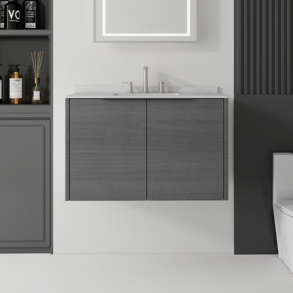 English Elm 36 Inch Floating Bathroom Vanity Grey Cabinet Cultured Marble Top Undermount Sink B2775S00139