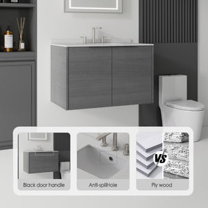 English Elm 36 Inch Floating Bathroom Vanity Grey Cabinet Cultured Marble Top Undermount Sink B2775S00139