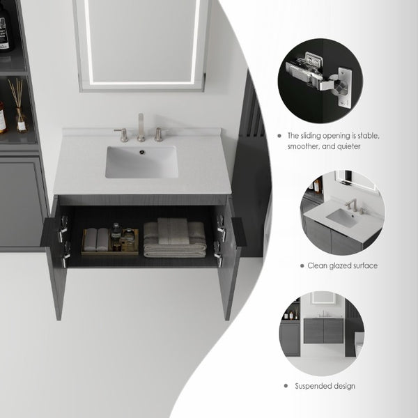English Elm 36 Inch Floating Bathroom Vanity Grey Cabinet Cultured Marble Top Undermount Sink B2775S00139