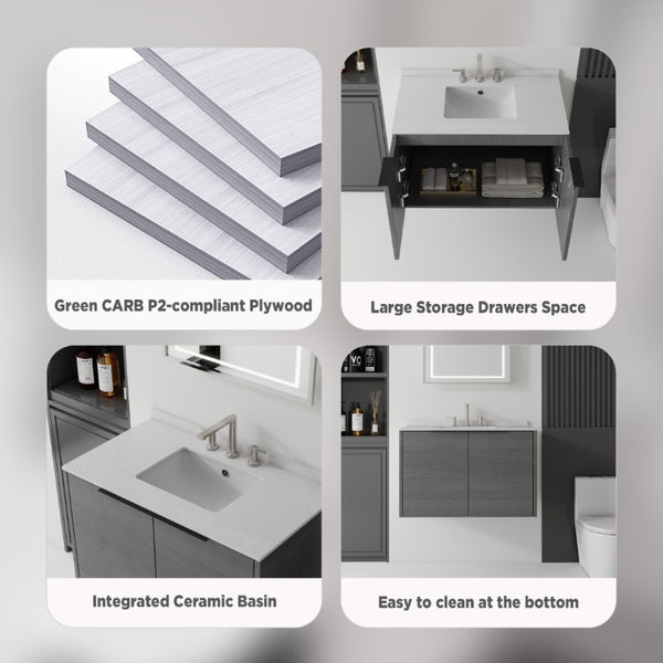 English Elm 36 Inch Floating Bathroom Vanity Grey Cabinet Cultured Marble Top Undermount Sink B2775S00139