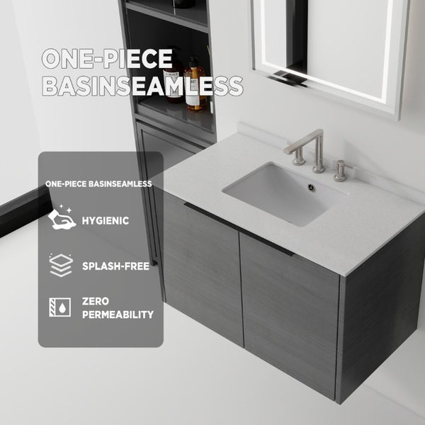 English Elm 36 Inch Floating Bathroom Vanity Grey Cabinet Cultured Marble Top Undermount Sink B2775S00139