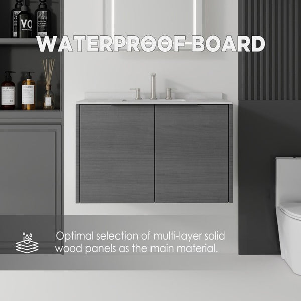 English Elm 36 Inch Floating Bathroom Vanity Grey Cabinet Cultured Marble Top Undermount Sink B2775S00139