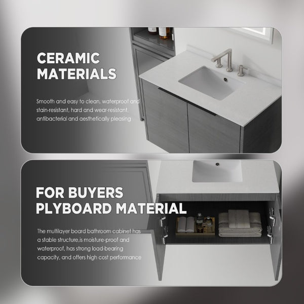 English Elm 36 Inch Floating Bathroom Vanity Grey Cabinet Cultured Marble Top Undermount Sink B2775S00139
