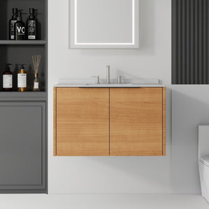 English Elm 36 Inch Floating Oak Bathroom Vanity with Cultured Marble Top and Undermount Sink B2775S00140