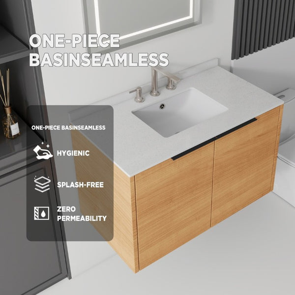 English Elm 36 Inch Floating Oak Bathroom Vanity with Cultured Marble Top and Undermount Sink B2775S00140