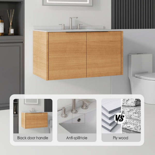 English Elm 36 Inch Floating Oak Bathroom Vanity with Cultured Marble Top and Undermount Sink B2775S00140