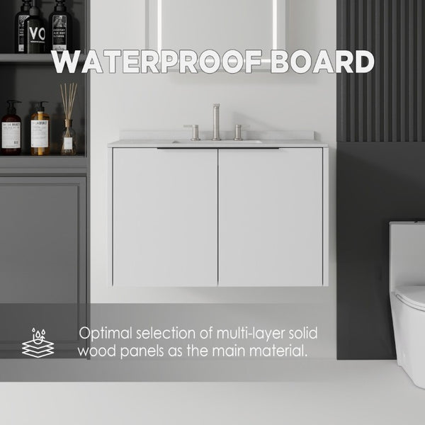 English Elm 36 Inch Floating Bathroom Vanity Plywood Cabinet Cultured Marble Top Undermount Sink B2775S00141