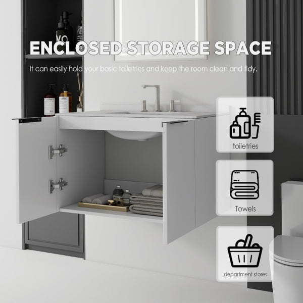 English Elm 36 Inch Floating Bathroom Vanity Plywood Cabinet Cultured Marble Top Undermount Sink B2775S00141