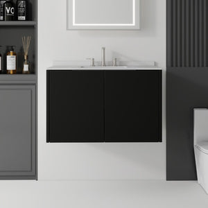 English Elm 36 Inch Floating Bathroom Vanity Matte Black Cabinet Cultured Marble Sink Top Included B2775S00142