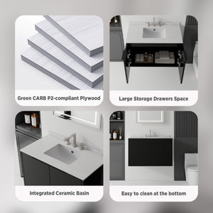 English Elm 36 Inch Floating Bathroom Vanity Matte Black Cabinet Cultured Marble Sink Top Included B2775S00142