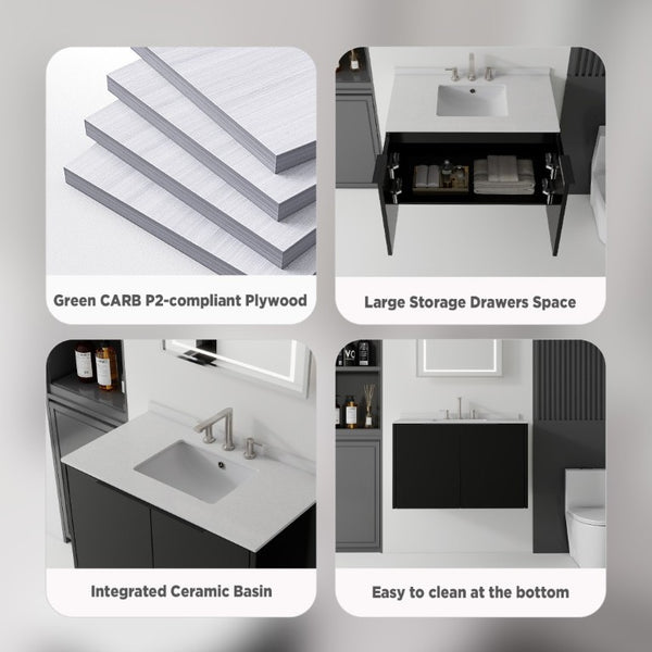 English Elm 36 Inch Floating Bathroom Vanity Matte Black Cabinet Cultured Marble Sink Top Included B2775S00142
