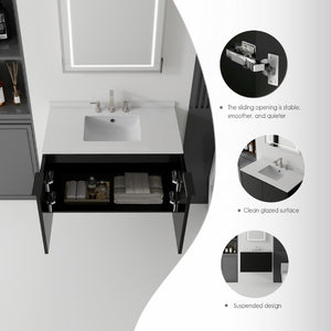 English Elm 36 Inch Floating Bathroom Vanity Matte Black Cabinet Cultured Marble Sink Top Included B2775S00142