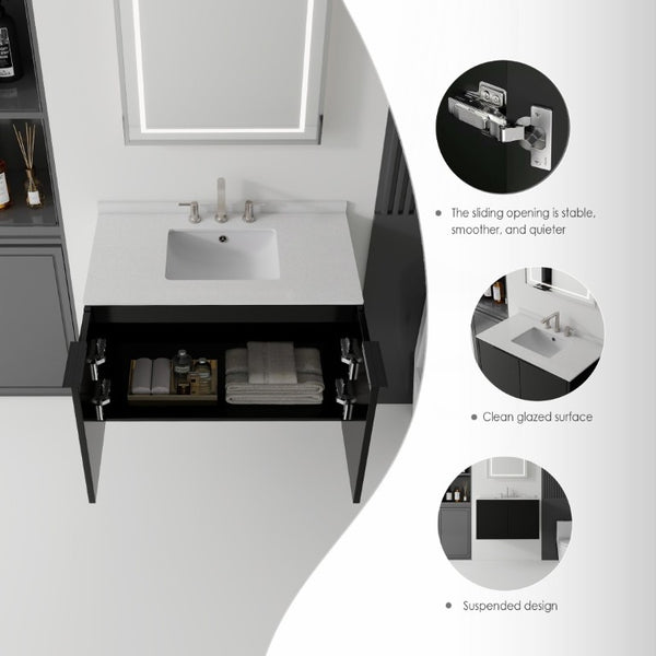 English Elm 36 Inch Floating Bathroom Vanity Matte Black Cabinet Cultured Marble Sink Top Included B2775S00142