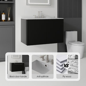 English Elm 36 Inch Floating Bathroom Vanity Matte Black Cabinet Cultured Marble Sink Top Included B2775S00142