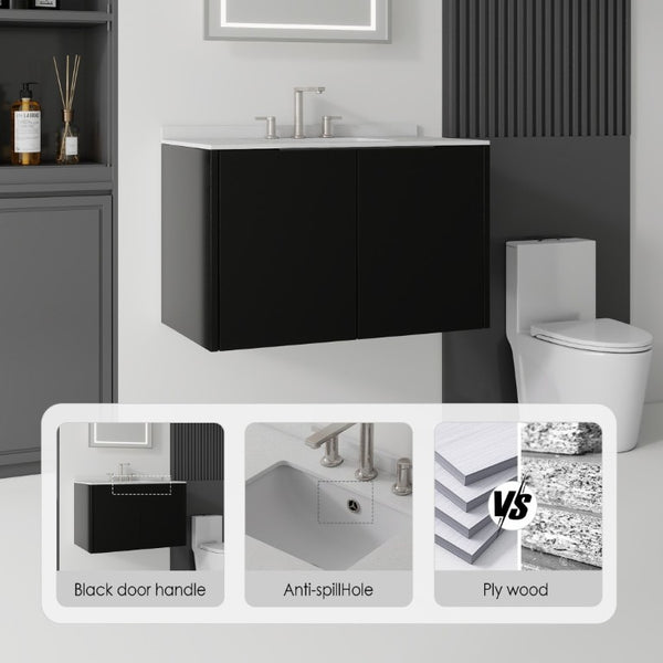 English Elm 36 Inch Floating Bathroom Vanity Matte Black Cabinet Cultured Marble Sink Top Included B2775S00142