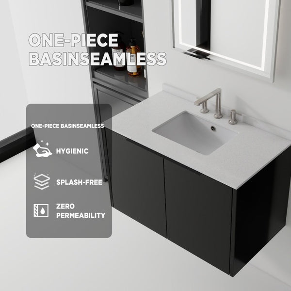 English Elm 36 Inch Floating Bathroom Vanity Matte Black Cabinet Cultured Marble Sink Top Included B2775S00142