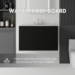 English Elm 36 Inch Floating Bathroom Vanity Matte Black Cabinet Cultured Marble Sink Top Included B2775S00142