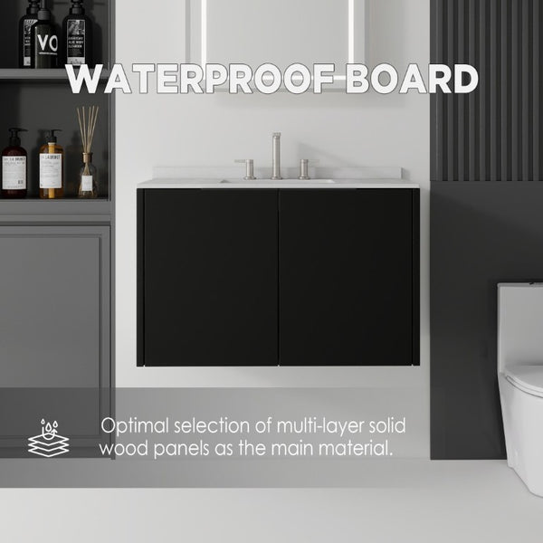 English Elm 36 Inch Floating Bathroom Vanity Matte Black Cabinet Cultured Marble Sink Top Included B2775S00142