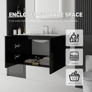 English Elm 36 Inch Floating Bathroom Vanity Matte Black Cabinet Cultured Marble Sink Top Included B2775S00142
