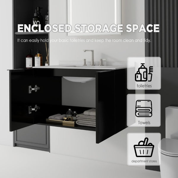 English Elm 36 Inch Floating Bathroom Vanity Matte Black Cabinet Cultured Marble Sink Top Included B2775S00142