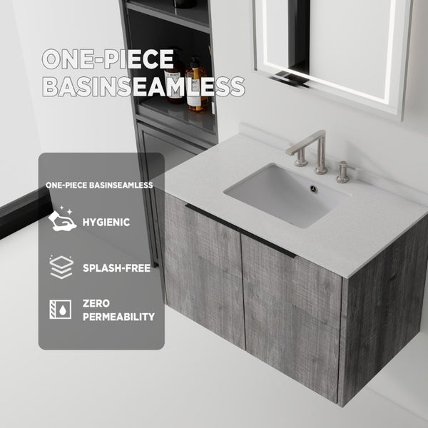 English Elm 36 Inch Floating Vanity Wall Mounted Grey Cabinet Cultured Marble Top Undermount Sink B2775S00143