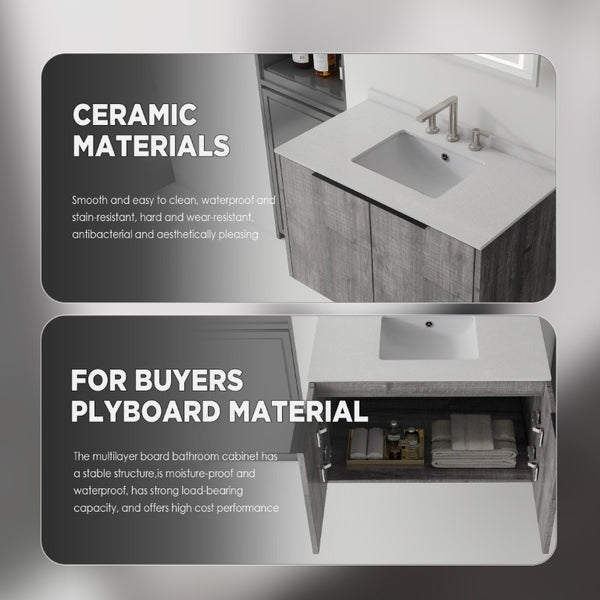 English Elm 36 Inch Floating Vanity Wall Mounted Grey Cabinet Cultured Marble Top Undermount Sink B2775S00143