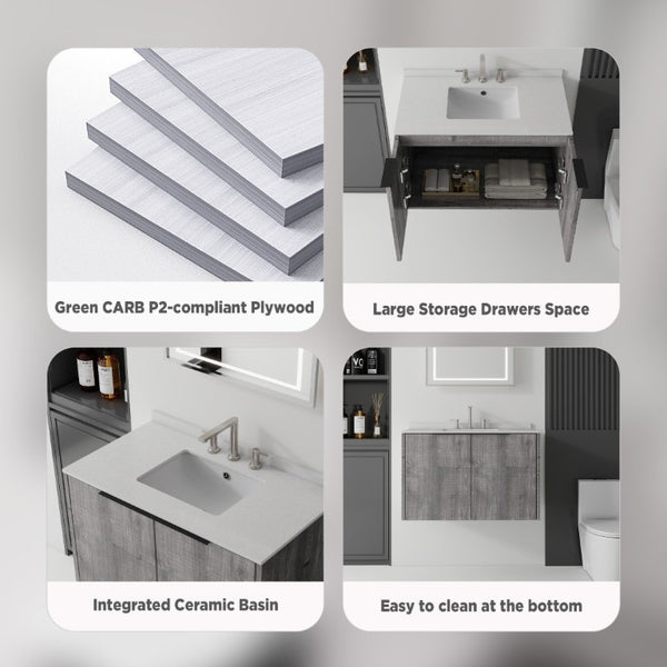 English Elm 36 Inch Floating Vanity Wall Mounted Grey Cabinet Cultured Marble Top Undermount Sink B2775S00143