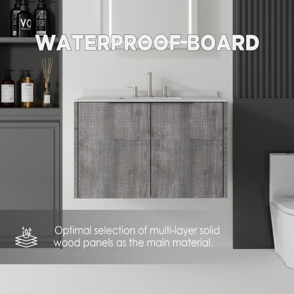 English Elm 36 Inch Floating Vanity Wall Mounted Grey Cabinet Cultured Marble Top Undermount Sink B2775S00143