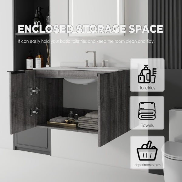 English Elm 36 Inch Floating Vanity Wall Mounted Grey Cabinet Cultured Marble Top Undermount Sink B2775S00143