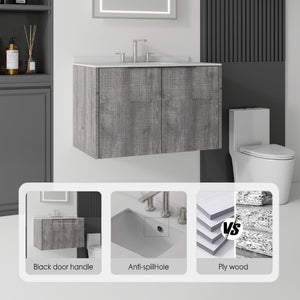 English Elm 36 Inch Floating Vanity Wall Mounted Grey Cabinet Cultured Marble Top Undermount Sink B2775S00143