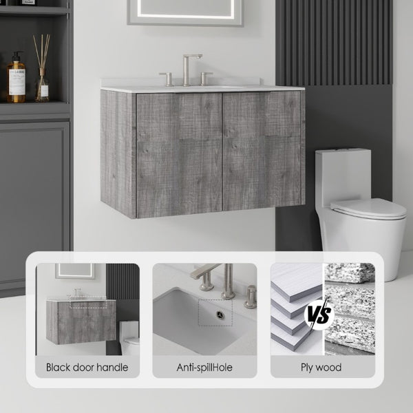 English Elm 36 Inch Floating Vanity Wall Mounted Grey Cabinet Cultured Marble Top Undermount Sink B2775S00143