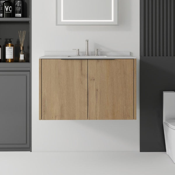 English Elm 36 Inch Floating Oak Bathroom Vanity with Marble Countertop Undermount Sink B2775S00144