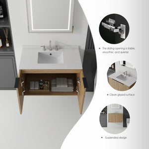 English Elm 36 Inch Floating Oak Bathroom Vanity with Marble Countertop Undermount Sink B2775S00144
