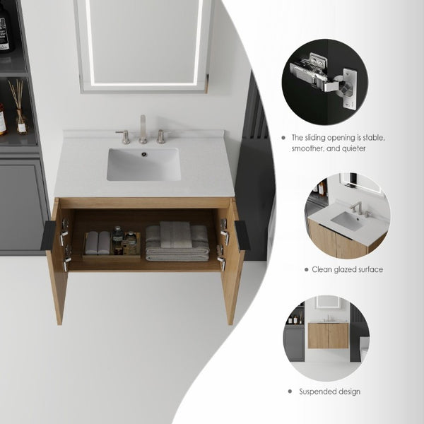 English Elm 36 Inch Floating Oak Bathroom Vanity with Marble Countertop Undermount Sink B2775S00144