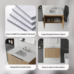 English Elm 36 Inch Floating Oak Bathroom Vanity with Marble Countertop Undermount Sink B2775S00144