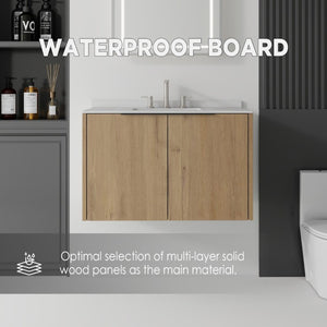 English Elm 36 Inch Floating Oak Bathroom Vanity with Marble Countertop Undermount Sink B2775S00144