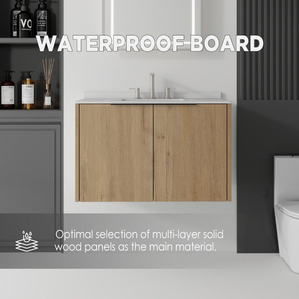 English Elm 36 Inch Floating Oak Bathroom Vanity with Marble Countertop Undermount Sink B2775S00144