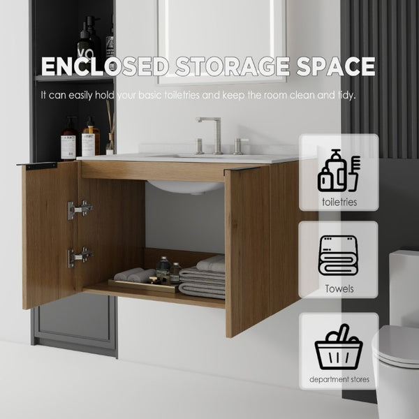 English Elm 36 Inch Floating Oak Bathroom Vanity with Marble Countertop Undermount Sink B2775S00144