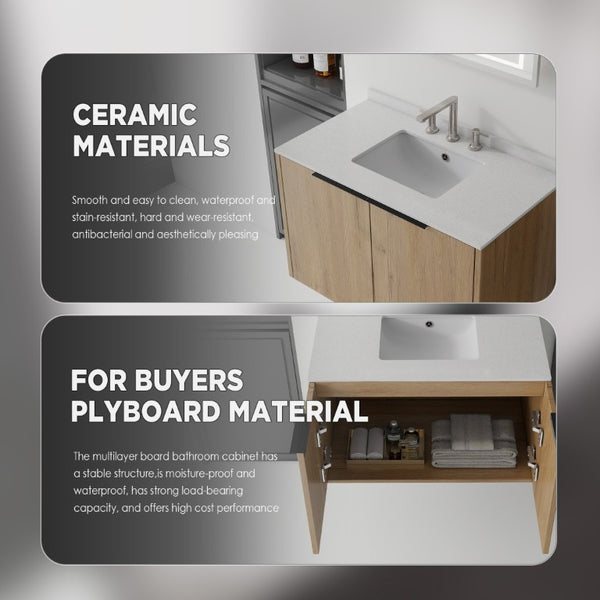 English Elm 36 Inch Floating Oak Bathroom Vanity with Marble Countertop Undermount Sink B2775S00144