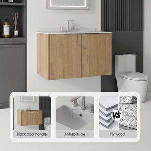 English Elm 36 Inch Floating Oak Bathroom Vanity with Marble Countertop Undermount Sink B2775S00144