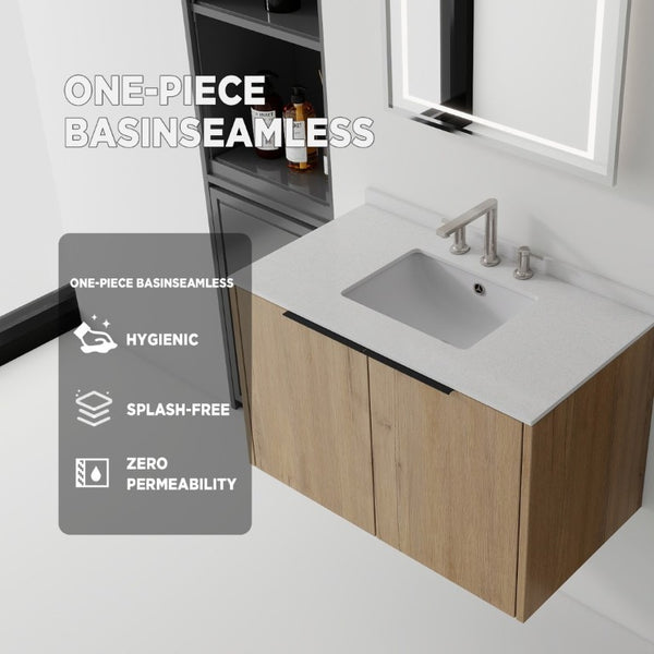 English Elm 36 Inch Floating Oak Bathroom Vanity with Marble Countertop Undermount Sink B2775S00144