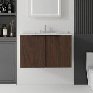 English Elm 36 Inch Floating Bathroom Vanity Plywood Cabinet Cultured Marble Top Soft Close B2775S00145