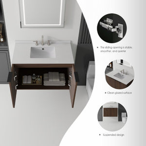 English Elm 36 Inch Floating Bathroom Vanity Plywood Cabinet Cultured Marble Top Soft Close B2775S00145