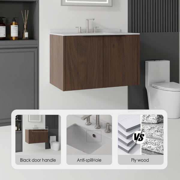 English Elm 36 Inch Floating Bathroom Vanity Plywood Cabinet Cultured Marble Top Soft Close B2775S00145