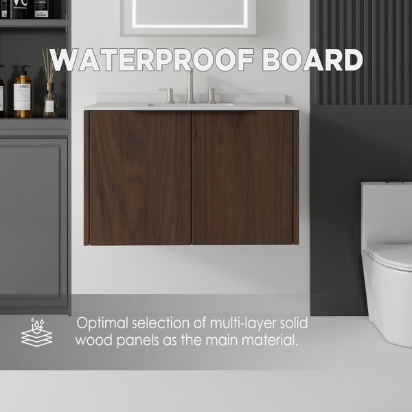English Elm 36 Inch Floating Bathroom Vanity Plywood Cabinet Cultured Marble Top Soft Close B2775S00145