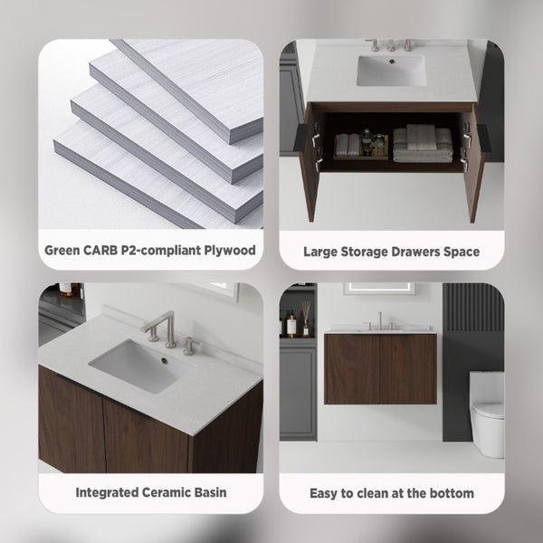 English Elm 36 Inch Floating Bathroom Vanity Plywood Cabinet Cultured Marble Top Soft Close B2775S00145