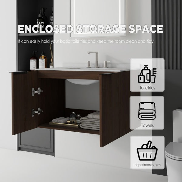 English Elm 36 Inch Floating Bathroom Vanity Plywood Cabinet Cultured Marble Top Soft Close B2775S00145
