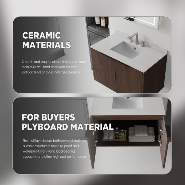 English Elm 36 Inch Floating Bathroom Vanity Plywood Cabinet Cultured Marble Top Soft Close B2775S00145
